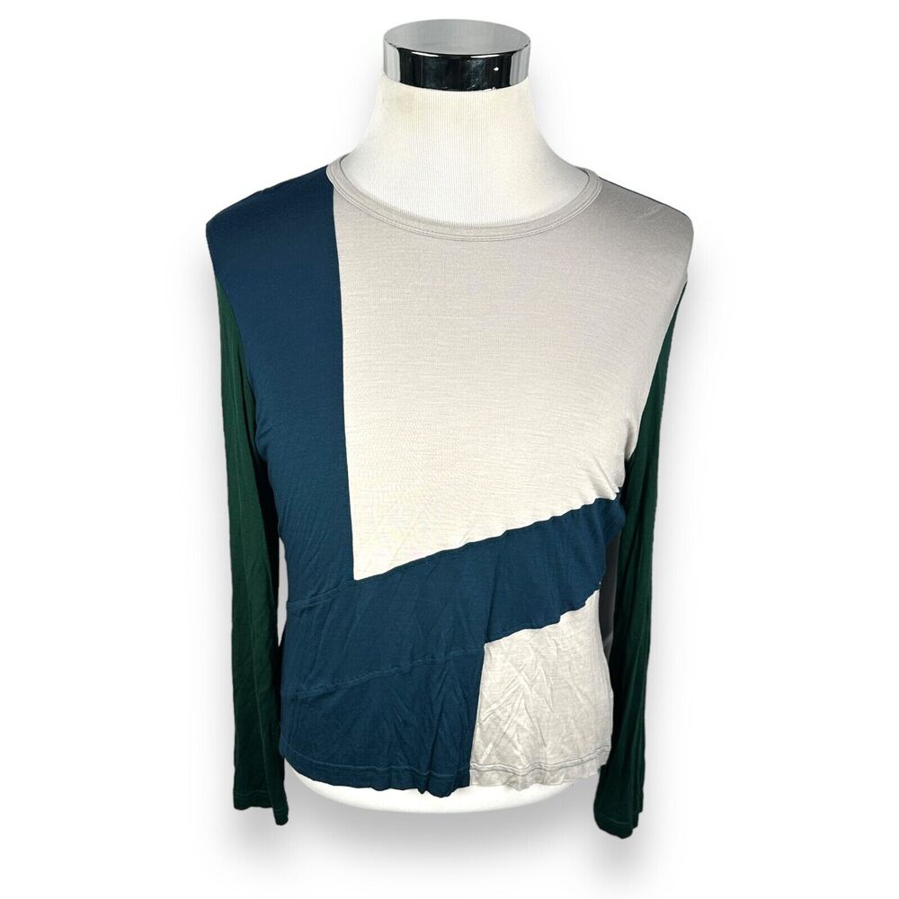 St John Top Women’s XL Blue Green Gray Silk Rayon Long Sleeve Shirt Colorblock‎